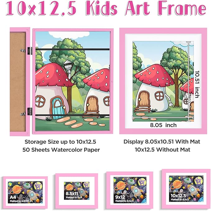 KINLINK 10x12.5 Kids Art Frames Set of 2, Solid Wood Kids Artwork Frames Changeable with Acrylic Front Opening Holds 150 Pictures, Art Frame for Kids Artwork with Mat or without Mat, Pink