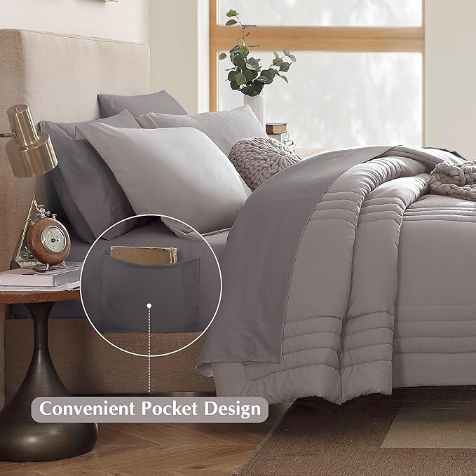 Monbix Queen Comforter Set - 7 Pieces Cloud Purple Bed in a Bag Queen Bedding Sets with Comforters, All Seasons Down Alternative Comforter Bed Set with Sheets, Pillowcases & Shams