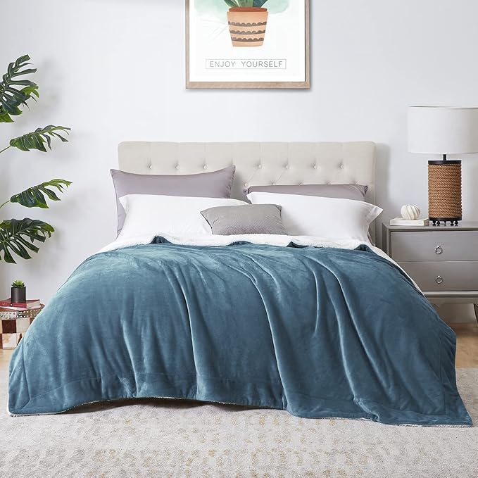 Walensee Sherpa Fleece Blanket (Throw Size 50”x60” Slate Blue) Plush Throw Fuzzy Super Soft Reversible Microfiber Flannel Blankets for Couch, Bed, Sofa Ultra Luxurious Warm and Cozy for All Seasons