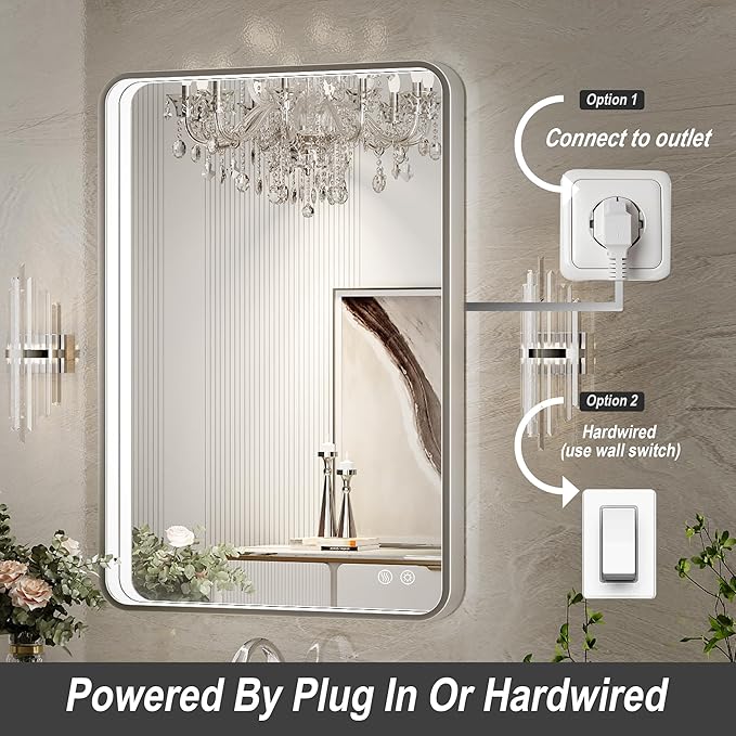 LED Bathroom Mirror with Lights,24x32 Inch Brushed Silver Framed Lighted Vanity Mirror,Anti Fog Stepless Dimmable Wall Mounted(Horizontal/Vertical)