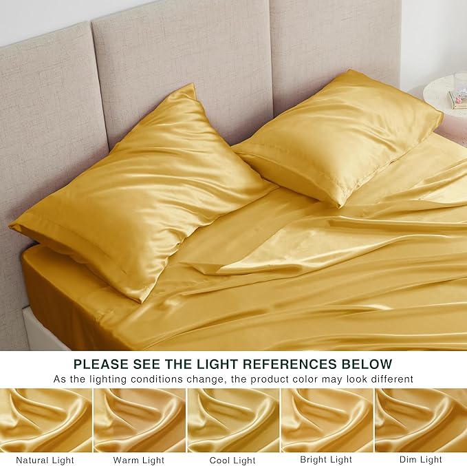 Love's cabin Satin Queen Sheets Set - 4 Piece Gold Silky Bed Sheets with Deep Pocket, Luxury Silk Feel Satin Queen Size Sheet Set (1 Flat Sheet,1 Fitted Sheet,2 Pillow Cases)