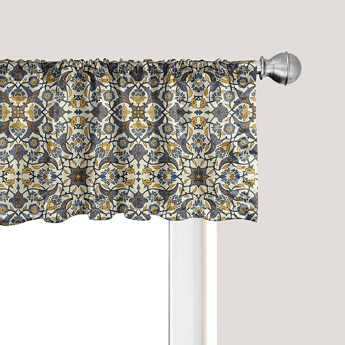 Ambesonne Turkish Pattern Window Valance Pack of 2, Flowers in and Traditional Style, Rod Pocket Curtain Valances for Kitchen Bedroom, 54" X 18", Earth Yellow Slate Blue