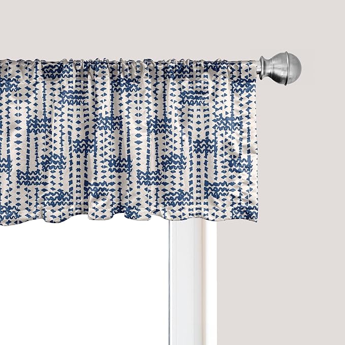 Ambesonne Ethnic Window Valance, Messy Waves and Small Triangles Indonesian Traditional Pattern Watercolors, Curtain Valance for Kitchen Bedroom Decor with Rod Pocket, 42" x 12", Navy Blue and Cream
