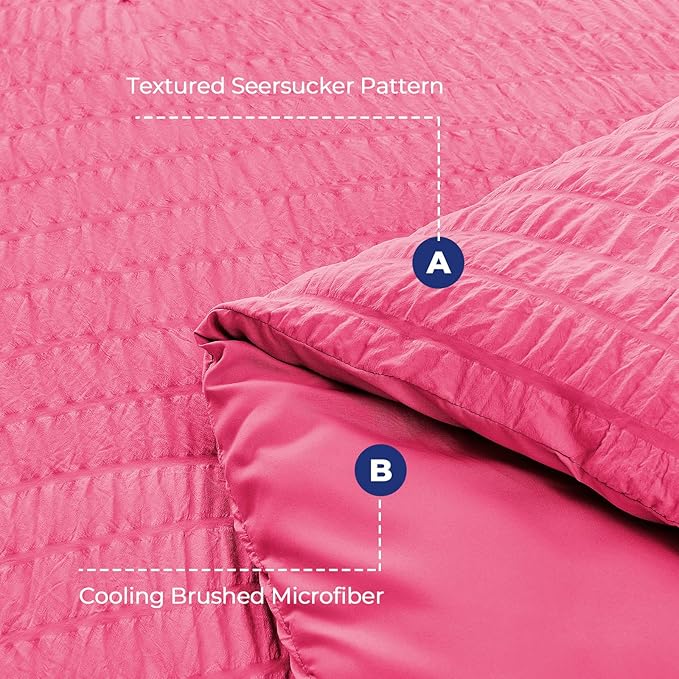 HYMOKEGE Hot Pink Full Size Comforter Sets Seersucker 7 Pieces, All Season Luxury Bed in a Bag for Bedroom, Bedding Set with Comforter, Sheets, Pillowcases & Shams