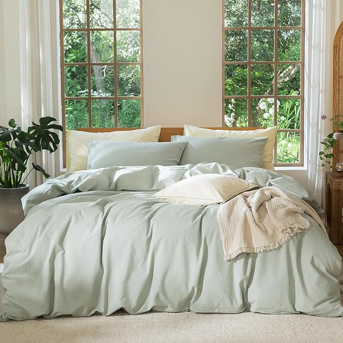 MooMee Bedding Duvet Cover Set 100% Washed Cotton Linen Like Textured Breathable Durable Soft Comfy (Heathered Sage Green, Oversized King Plus 128"x120")