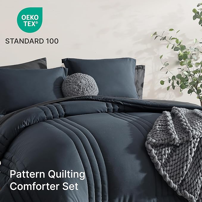 Monbix Queen Comforter Set - 7 Pieces Blue Gray Bed in a Bag Queen Bedding Sets with Comforters, All Seasons Comforter Bed Set with Sheets,Pillowcases & Shams