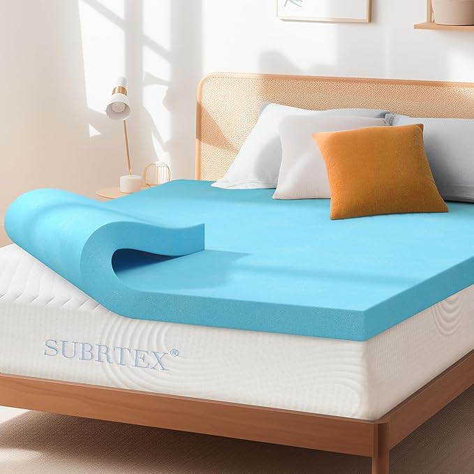 Subrtex 4 Inch Memory Foam Mattress Topper Mattress Pad Ventilated Gel Infused Bed Foam Topper for Pressure Relieving, CertiPUR-US Certified, Queen, Blue