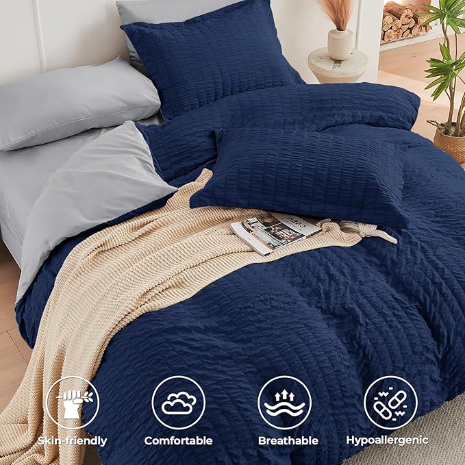 HYMOKEGE Navy Blue/Light Grey Full Size Comforter Sets Seersucker 7 Pieces, All Season Luxury Bed in a Bag for Bedroom, Bedding Set with Comforter, Sheets, Pillowcases & Shams