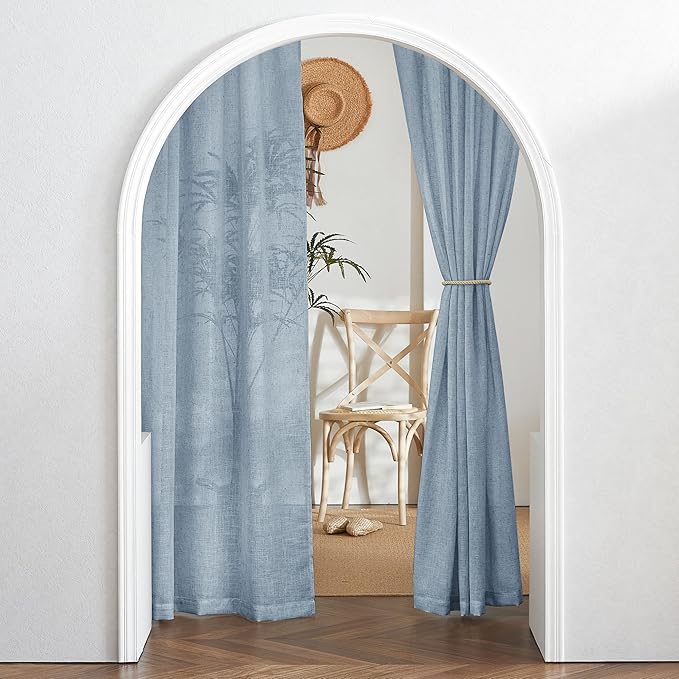 RYB HOME Linen Sheer Curtains 63 inch Length for Dining Room Doorway, Rod Pocket Soft Textured Thick Linen Burlap Privacy Protection Light Filtering 2 Panels Set, W 52 x L 63 inches, Dusty Blue