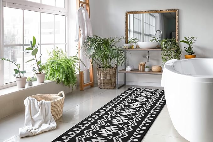 Custom Length Cut to Size Tribal Ethnic Southwestern Inspired Hallway Runner Rug, Non Slip Rubber Backed, 31 inch Wide X Customized Length, Aztec Black, 31 inch X 22 feet