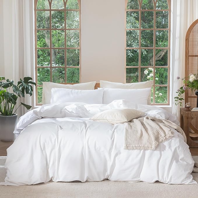 MooMee Bedding Duvet Cover Set 100% Washed Cotton Linen Like Textured Breathable Durable Soft Comfy (Solid Bright White, Palatial King/Oversized King 120"x98")