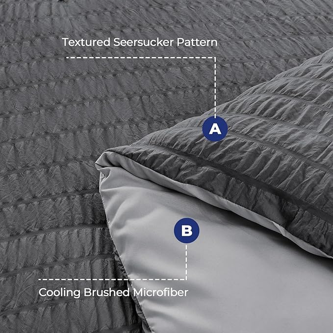 HYMOKEGE Dark Grey/Light Grey King Size Comforter Set Seersucker 7 Pieces, All Season Luxury Bed in a Bag for Bedroom, Bedding Set with Comforter, Sheets, Pillowcases & Shams