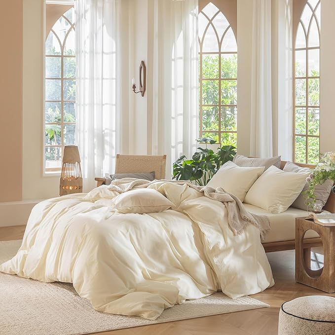 MooMee Bedding Duvet Cover Set 100% Washed Cotton Linen Like Textured Breathable Durable Soft Comfy (Solid Cream White, Alaska King 132"x120")