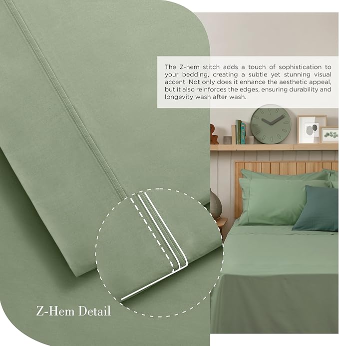 Linen Home 100% Cotton Percale Sheets Twin Size, Oil Green, Deep Pocket, 3 Pieces Set - 1 Flat, 1 Deep Pocket Fitted Sheet and 1 Pillowcase, Crisp Cool and Strong Bed Linen