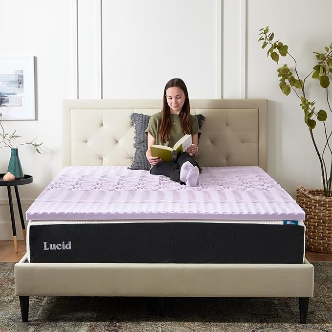 LUCID Lavender Infused 2 Inch Memory Foam Mattress Topper with 5 Zones – Queen Size – Plush Feel – CertiPUR Certified – Dorm Room Essentials
