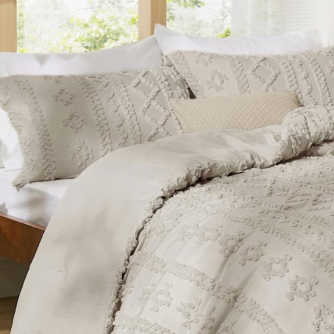 Bedsure Tufted Boho Comforter Set California King Size - Linen Boho Bed Set, GentleSoft™ 3 Pieces Farmhouse Shabby Chic Embroidery Bedding, Gifts for Woman, Soft Jacquard Comforter for All Seasons