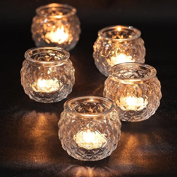DARJEN Clear Votive Candle Holders Set of 24- Round Glass Candle Holders Bulk for Tea Light Candle, Diamond Texture Candle Votives for Wedding Centerpiece, Living Room & Home Table Decor