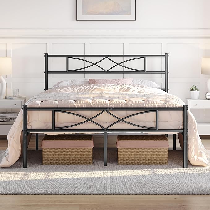 Yaheetech Metal Queen Platform Bed Frames Mattress Foundation with Storage/Curved Design Headboard/NO Box Spring Needed/Heavy-Duty Support/Easy Assembly, Queen, Black