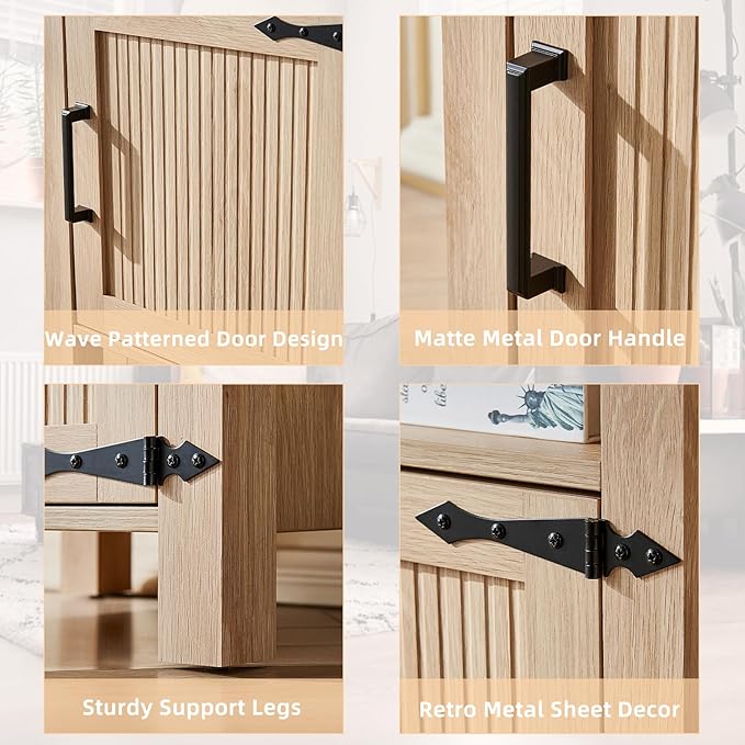 Boho Fluted Nightstand Set of 2 for Bedroom, 18" Rustic Night Stand with Charging Station, Modern Accent Bedside Tables with Open Storage Shelf & Door, Wooden End Table for Home, Natural Oak