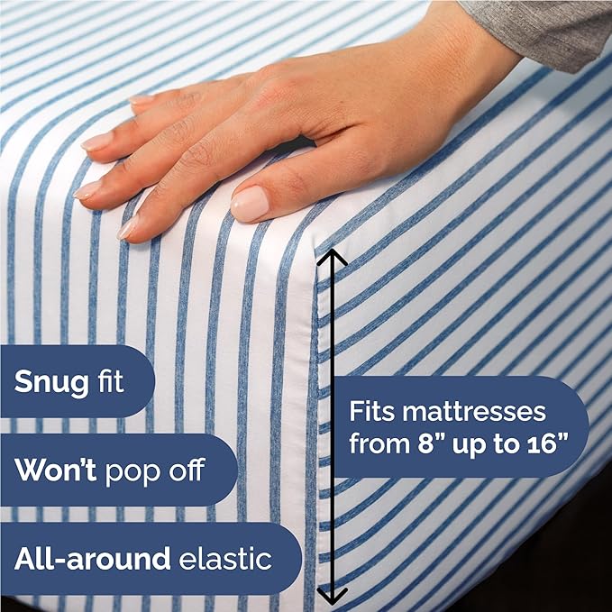 Full 6 Piece Sheet Set - Comfy Breathable & Cooling - Soft Hotel Luxury Bedding Set with 8-16 Inch Deep Pockets - 1 Flat & 1 Fitted Sheet & 4 Pillowcases - Wrinkle Free & Easy Care - Blue Stripes 2