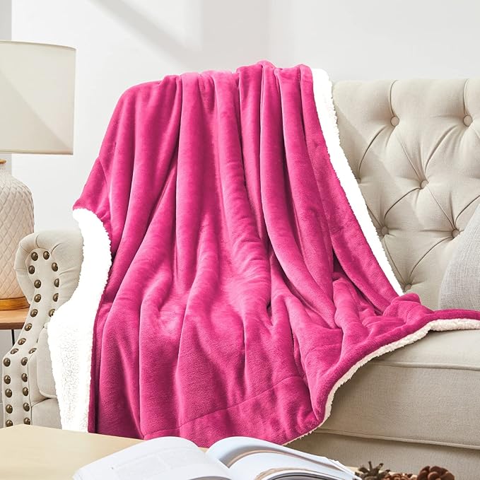 Walensee Sherpa Fleece Blanket (Throw Size 50”x60” Hot Pink) Plush Throw Fuzzy Super Soft Reversible Microfiber Flannel Blankets for Couch, Bed, Sofa Ultra Luxurious Warm and Cozy for All Seasons