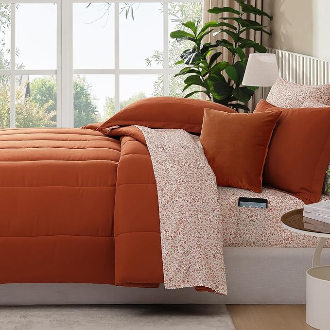 Monbix King Size Comforter Set - 7 Pieces Bed in a Bag King, Burnt Orange Track Stitching Bedding Sets, All Seasons Down Alternative Comforter Bed Set with Sheets