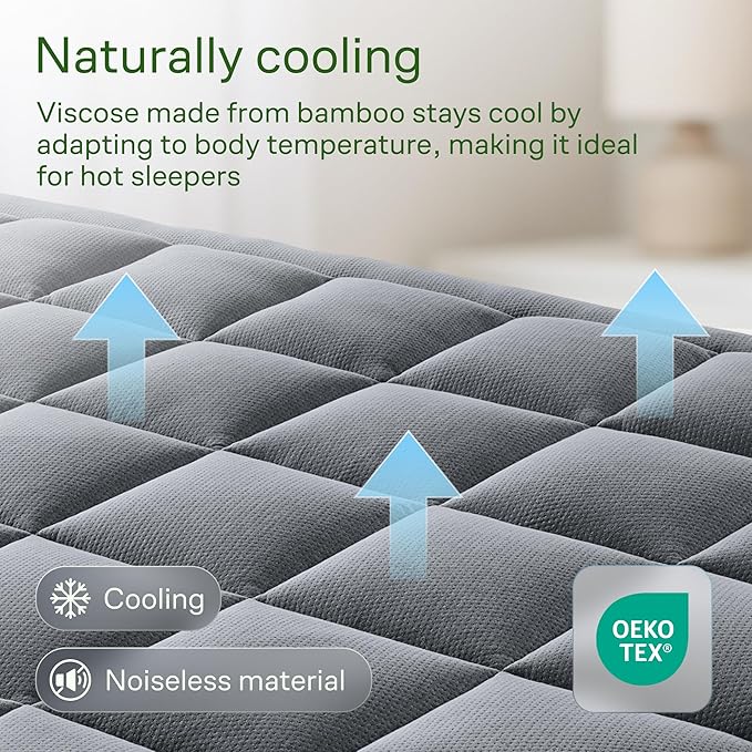 Ultra Soft Full Size Mattress Topper - Viscose Made from Bamboo Pillow Top Mattress Pad for Back Pain Relief - Naturally Cooling for Hot Sleepers, Gray