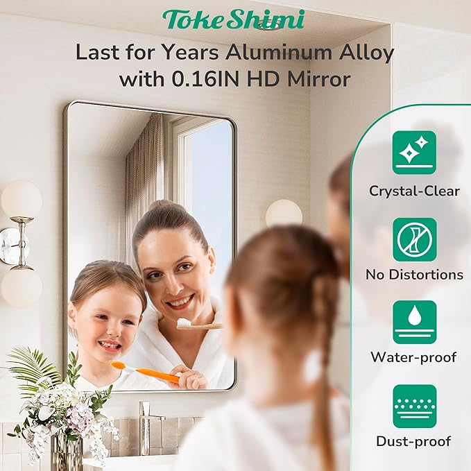 TokeShimi Brushed Nickel Vanity Mirror 60x36,Bathroom Mirror Framed Aluminum,Tempered Glass,Rectangle Mirror for Bathroom,Shatterproof Bathroom Wall Mirror(Horizontal/Vertical)
