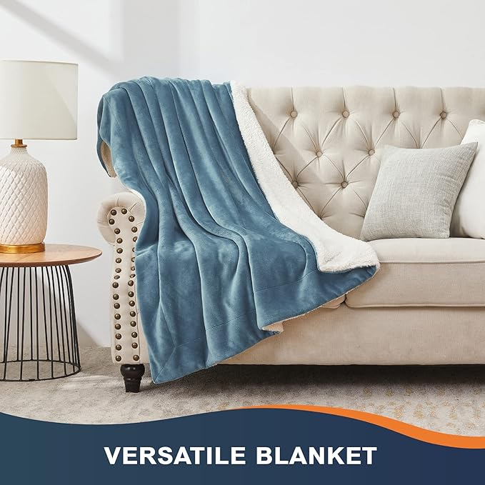 Walensee Sherpa Fleece Blanket (Twin Size 60”x80” Slate Blue) Plush Throw Fuzzy Super Soft Reversible Microfiber Flannel Blankets for Couch, Bed, Sofa Ultra Luxurious Warm and Cozy for All Seasons