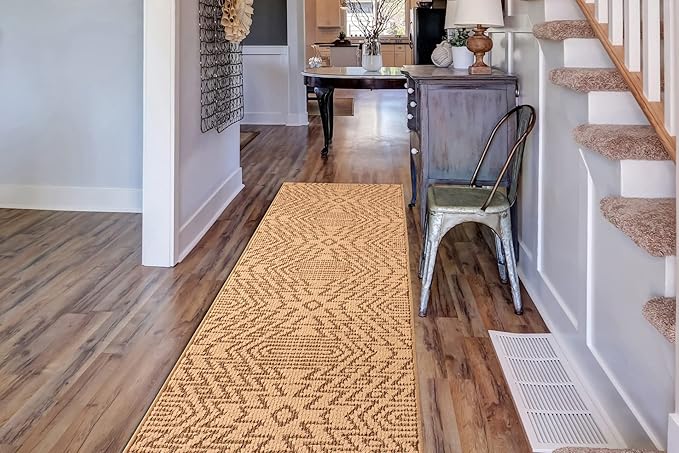 Custom Length Cut to Size Tribal Ethnic Southwestern Inspired Hallway Runner Rug, Non Slip Rubber Backed, 31 inch Wide X Customized Length, Inca Tan, 31 inch X 4 feet, Doormat Size