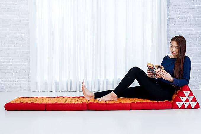 Leewadee Comfortable Japanese Floor Mattress - Thai Floor Bed with Triangle Cushion - Futon Mattress - XL Extra Long Thai Massage Mat, 89 x 20 inches, Orange Red, Kapok Filling