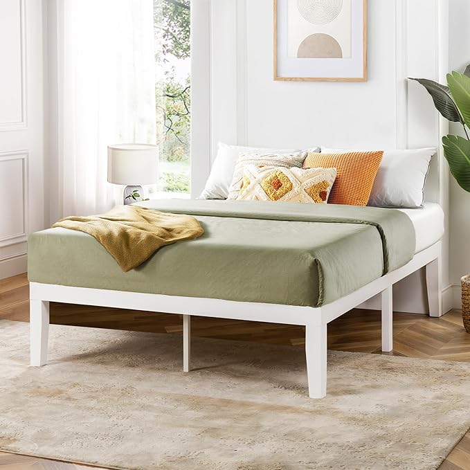 Mellow Naturalista Classic 16 Inch Solid Wood Platform Bed with Wooden Slats, White, Queen