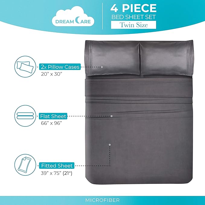 DREAMCARE Twin Sheets - Cooling Bed Sheets - 4pcs Set - Twin Bed Sheets - Twin Sheet Set - Bed Sheets Twin Soft & Long Lasting 100% Fine Brushed Polyester with Side Pocket - Gray
