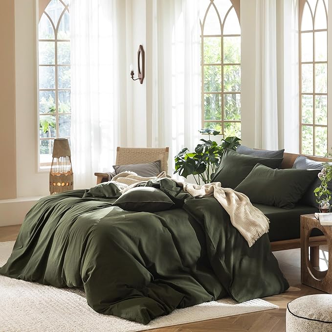 MooMee Bedding Duvet Cover Set 100% Washed Cotton Linen Like Textured Breathable Durable Soft Comfy (Solid Olive Green, Alaska King 132"x120")