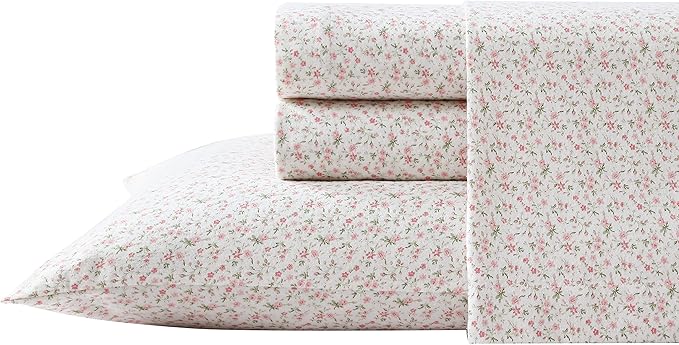 Laura Ashley - Flannel Sheets Twin Size, Anti-Pilling & Wrinkle Resistant Cotton, Touchably Soft for All-Season Comfort - Bed Sheets with Matching Pillowcase & Fitted Sheet (Evie Pink)