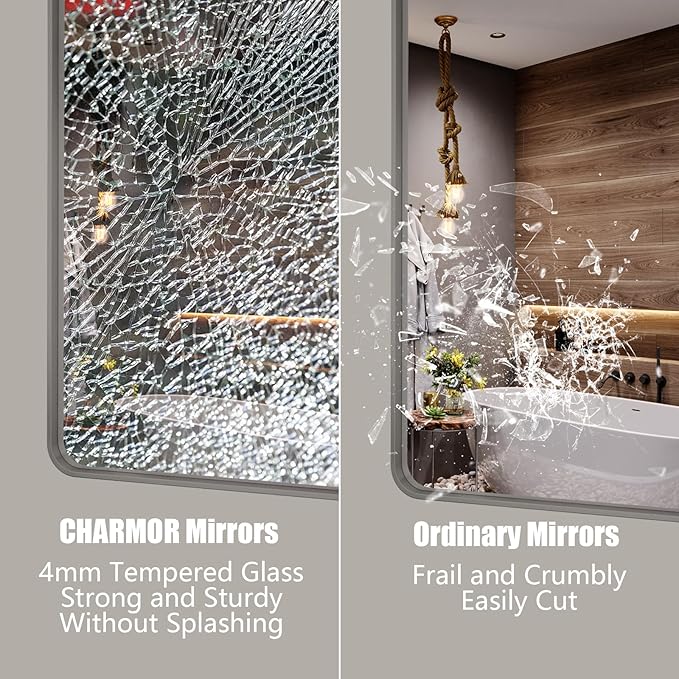 28x36 Silver Bathroom Mirror for Wall, Brushed Metal Framed Bathroom Vanity Mirror, Rounded Corner Rectangle Silver Mirror, Shatterproof, Anti-Rust (Horizontal/Vertical)