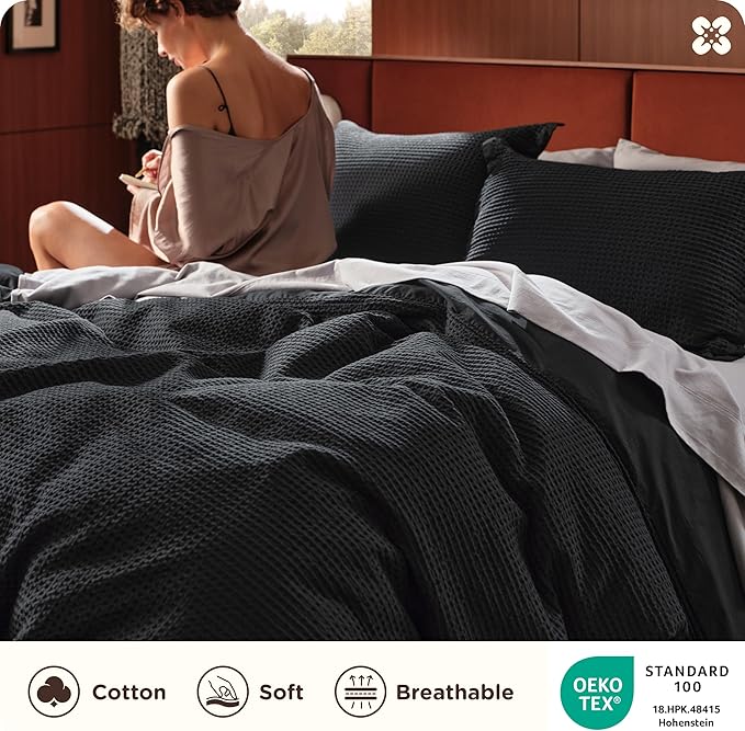 Bedsure Cotton Duvet Cover King - 100% Cotton Waffle Weave Black Duvet Cover King Size, GentleSoft™ and Breathable Bedding Set for All Season, 3 Pieces, 104"x90"