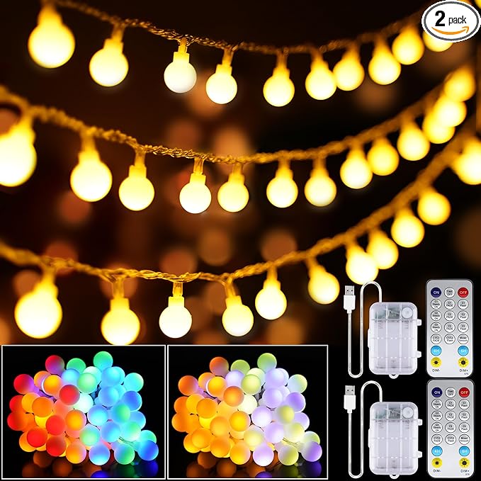 OMIKA 2 Pack 16.5FT 50LED Globe String Lights Battery Operated, Warm White Multicolor USB Fairy Lights Indoor with Remote for Classroom Bedroom Dorm Birthday Patio Tent Party Xmas Décor