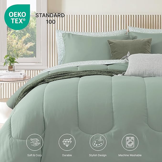 Monbix Full Comforter Set - 7 Pieces Sage Green Bed in a Bag Full Size Track Stitching Bedding Sets, All Seasons Down Alternative Comforter with Sheets,Pillowcases & Shams