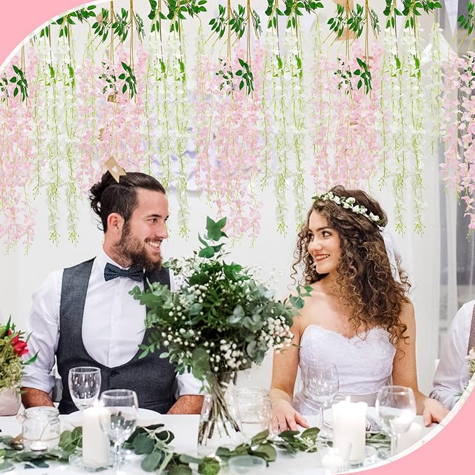 Giegxin 36 Pcs Artificial Wisteria Hanging Flowers 3.6 ft Artificial Fake Wisteria Vine Rattan Hanging Garland Silk Flowers String for Wall Home Wedding Party Greenery Decorations (Pink,White)