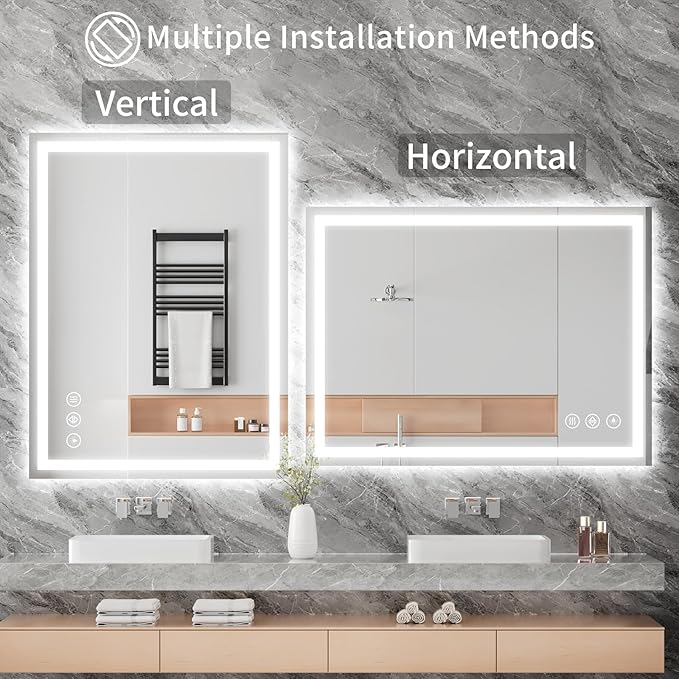 Koonmi 32x48 LED Bathroom Mirror, Backlit + Front Lit, LED Bathroom Mirror with Lights for Wall, 3 Colors, Anti-Fog, Dimmable Brightness, Memory Function, Tempered Glass
