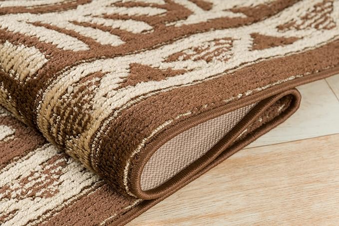 Custom Length Cut to Size Tribal Ethnic Southwestern Inspired Hallway Runner Rug, Non Slip Rubber Backed, 31 inch Wide X Customized Length, Mayan Brown, 31 inch X 20 feet