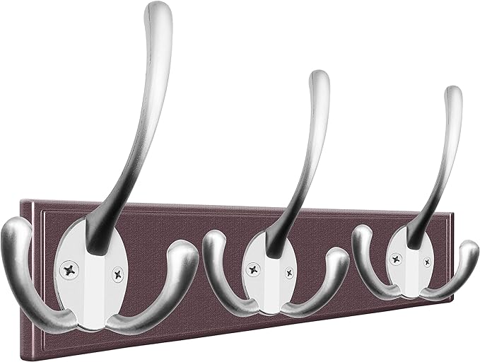 IBosins 6 Pack Big Heavy Duty Three Prongs Coat Hooks Wall Mounted with 24 Screws (Two Types of Screws Included) Retro Double Utility Rustic Hooks for Thick Coat, Big Heavy Bags (Matte Nickel)