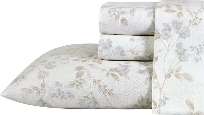 Laura Ashley - Flannel Sheets Queen Size, Anti-Pilling & Wrinkle Resistant Cotton, Touchably Soft for All-Season Comfort - Bed Sheets with Matching Pillowcases & Fitted Sheet (Fawna Grey)