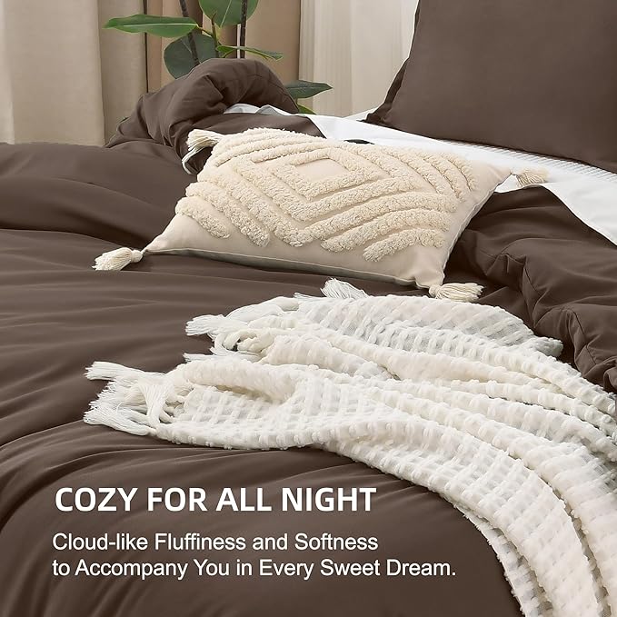 Litanika Comforters Chocolate Super King Size, 3 Pieces Lightweight Solid Bedding Set & Collections, All Season Fluffy Bed Set (120x120In Comforter & 2 Pillowcases)