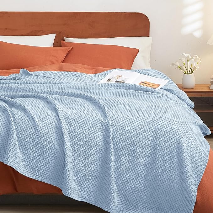 PHF 100% Cotton Waffle Weave Blanket King Size for Bed,Snag Proof Lightweight Breathable Throw for Couch,Great for Layering in Cold Weather,Machine Washable,Home Decor Gift-Sky Blue/Baby Blue