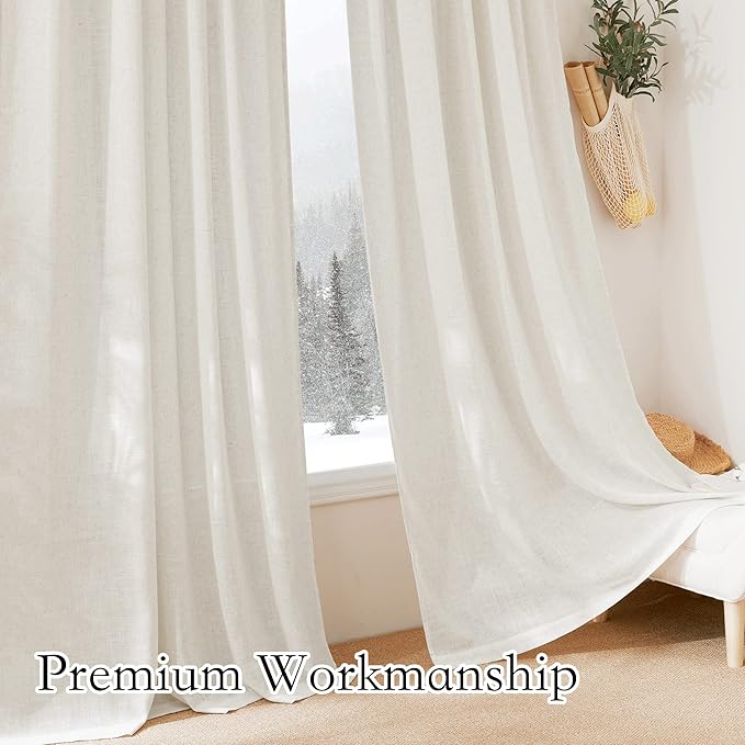 RYB HOME Flax Linen Blend Curtains - Light Filtering Rich Linen Semi Sheer Airy Breathable Window Treatments Soften Sunlight for Farmhouse Living Room Dining Door, W 52 x L 90 inch, 2 Panels
