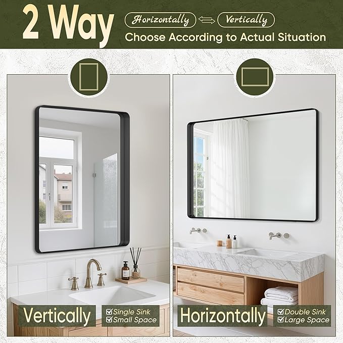 Suidia Bathroom Mirror, 60" x 36" Wall Mirror Metal Framed, Bathroom Vanity Mirror for Living Room Bedroom Bathroom Entryway, Black, Rounded Corner Style