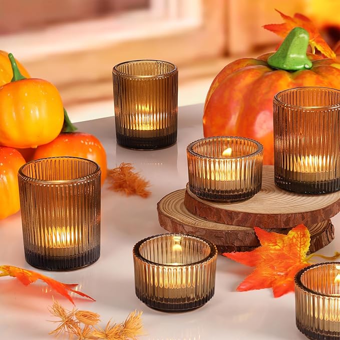 10pcs Ribbed Amber Votive Candle Holders, Assorted Glass Tea Light Candle Holders for Fall Decor, Amber Candle Holders for Wedding Centerpieces, Thankgiving and Christmas Decorations