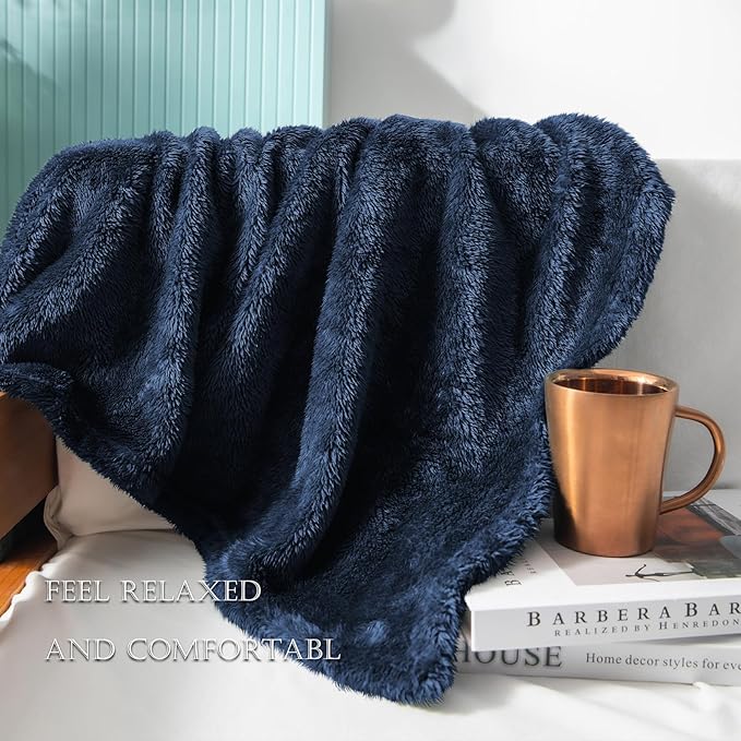 Exclusivo Mezcla Plush Fuzzy Fleece Throw Blanket Extra Large, Super Soft, Fluffy and Warm Blankets for Couch, Bed, Suitable for All Seasons (50x70 Inches, Navy Blue)